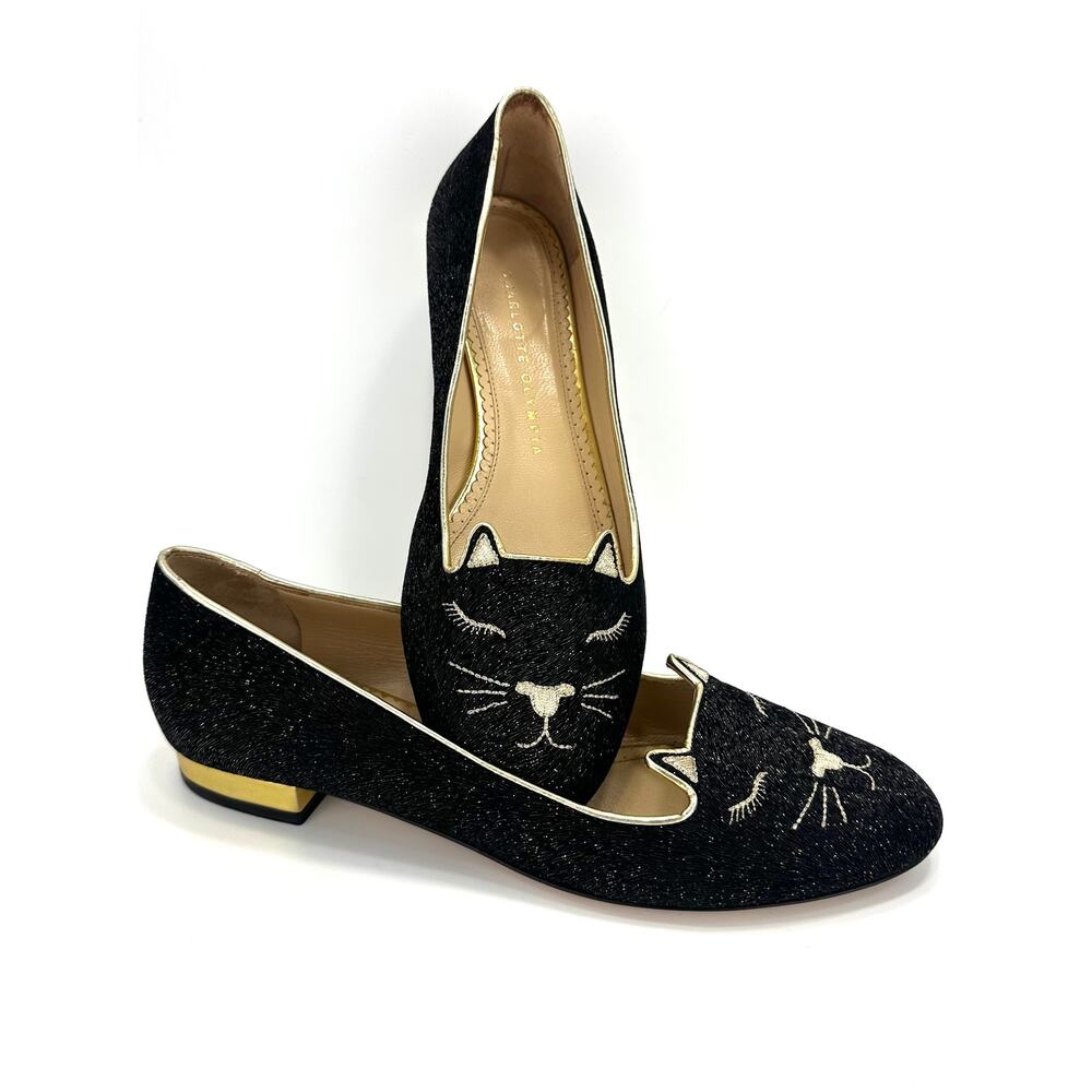Charlotte Olympia RARE sleeping Kitty Flats/Loafer Sz 7.5/38 Black/Gold Designer